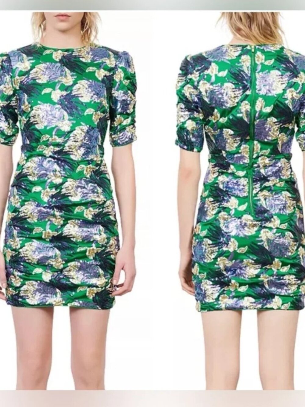 Maje Razul Dress Floral Print Embroidered Sequin Mini Ruched Satin Green US 6